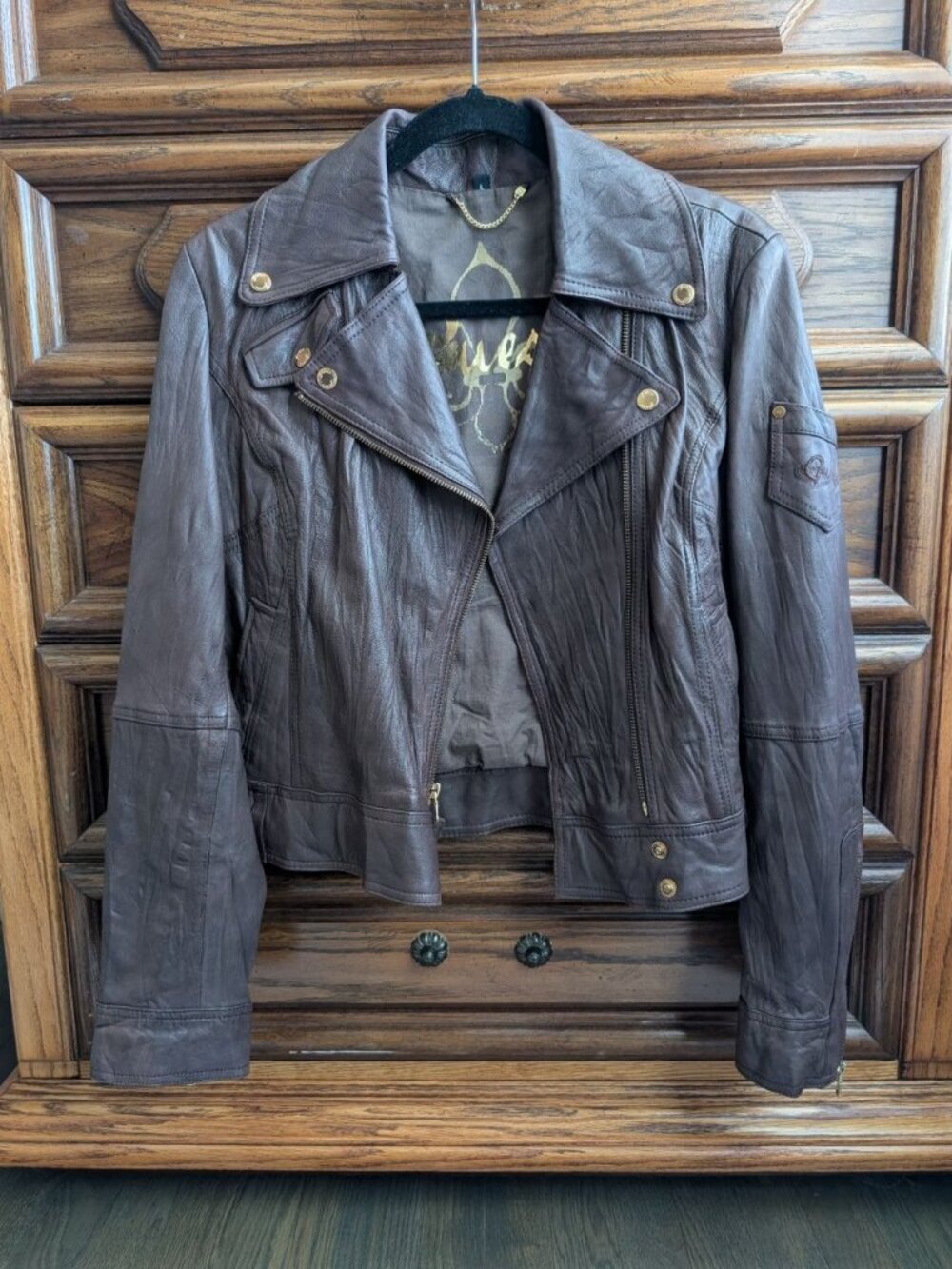 GUESS Brown Leather Moto Jacket Gold Hardware Cropped Biker Size L